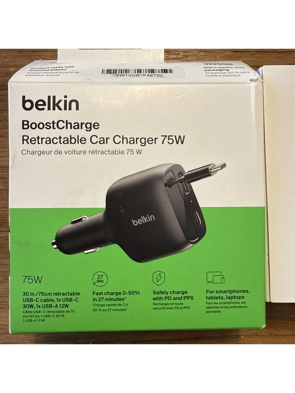 Belkin 75W Dual Port USB Car Charger - 1xUSB-A, 1xUSB-C w/ Retractable USB-C